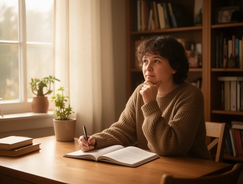 Person denkt kritisch am Schreibtisch mit Notizbuch